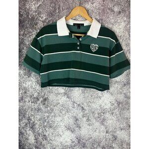 Faded Green White Striped Cropped Preppy Polo Shirt Top Women's Small